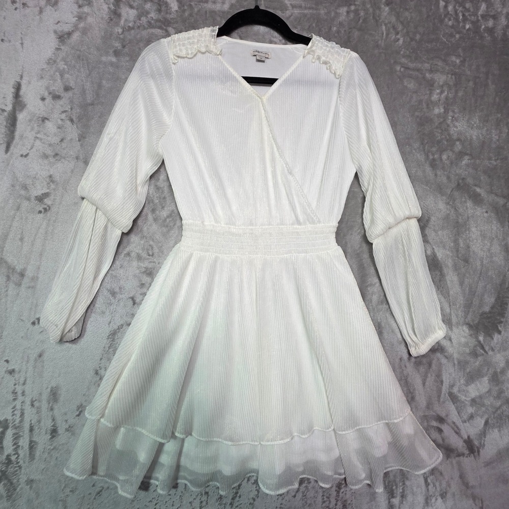 Habitual Girl White Lurex Pleated Dress Kids Size 14 Long Sleeve Ruffle Party